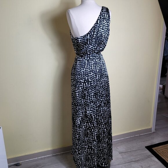 Tahari ASL Black & White One Shoulder Women's Slit Gown Dress | Size 14 - Picture 6 of 13